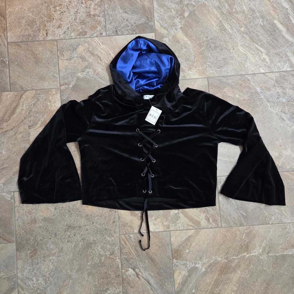R.C.G Velvet Hoodie Bell Sleeve Lace Up Front Royal Blue Lined NWT